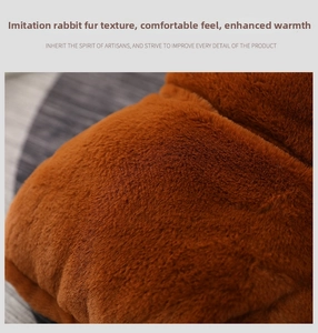 Macro detail of plush brown faux rabbit fur on the heated foot warmer for warmth