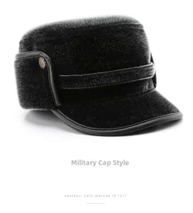 Detail of black faux fur winter military cap with ear flaps and thick plush texture