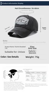 Size guide and measurement chart for washed vintage baseball caps with detailed dimensions