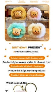 Macro view of plush cream bear charms in four colors with durable metal keychains