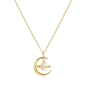 Golden planet moon pearl pendant necklace with celestial Saturn ring and zircon stones