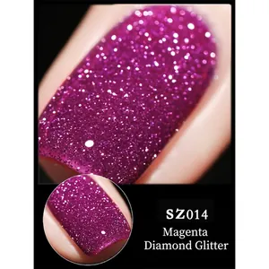 Macro detail of rose purple glitter nail polish with brilliant shattered diamond effect