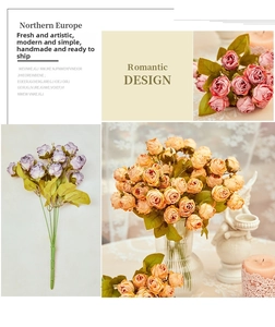 Detail of 15-head artificial burnt edge roses in a vase for home floral decoration