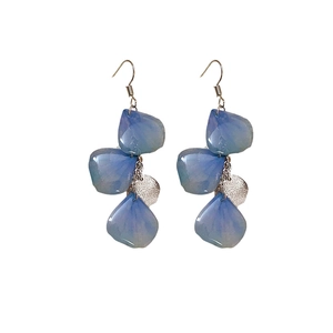 Blue gradient petal earrings with frosted silver beads and metal hooks for women