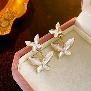 Elegant Double Butterfly Enamel Stud Earrings With 925 Sterling Silver Earring Post For Women Gold Plated Drip Oil