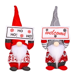 Christmas faceless gnome plush dolls in red and grey with Ho Ho Ho and Welcome signs