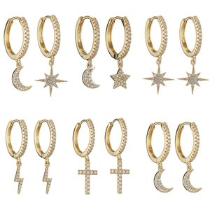 Asymmetrical Hoop Earrings With 925 Sterling Silver Earring Post Moon Star Cross Lightning Copper Cubic Zirconia Women