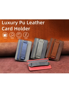 Close-up of luxury PU leather card holders with elastic wrist straps in four colors