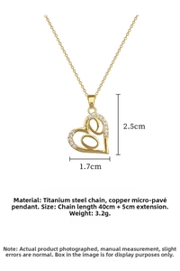 Detail of gold heart pendant with inlaid crystals and titanium steel chain dimensions