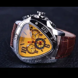Jaragar automatic mechanical men's watch with triangle case and yellow dial on brown leather