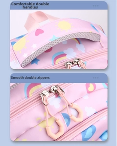 Detail of pink schoolbag with mesh breathable handle and smooth double metal zippers