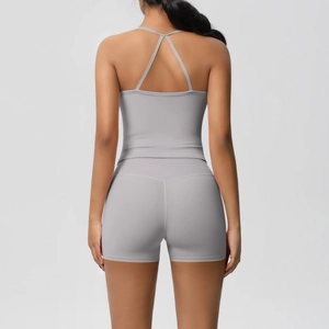 Detailed back view of a grey racerback sports yoga tank top with high stretch fabric