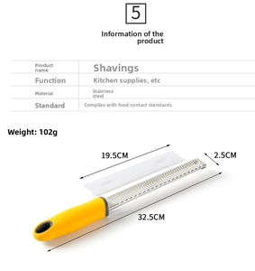 Stainless steel lemon zester with dimensions and weight specs for kitchen use