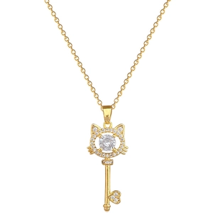Luxurious cat key pendant necklace in gold-tone titanium steel with sparkling zircon stones