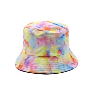 Detailed view of tie-dye cotton bucket hat featuring multi-color swirl and reinforced stitching