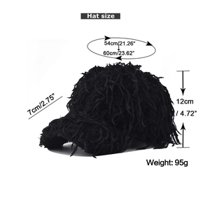 Détails de la casquette noire en fausse fourrure avec dimensions: 54-60cm et visière 7cm