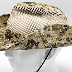 Detail of digital desert camouflage sun hat featuring breathable mesh and windproof cord