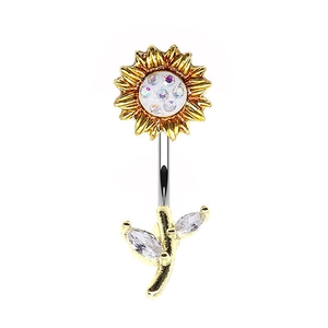Sunflower belly button ring with iridescent gems and golden finish on white background