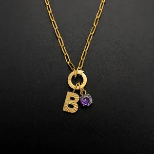 Stainless Steel Alphabet Pendant Necklace For Women Purple Rhinestone Engraved Letter Paperclip Chain Gold Silver Jewelry Gift