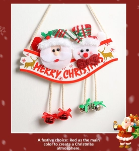 Detail of Santa and Snowman wall hanging with Merry Christmas banner and metal bells