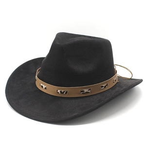 Classic black suede cowboy hat with leopard print leather band and wide brim