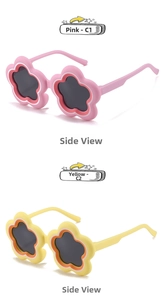 Side view of cute flower shaped kids sunglasses in matte pink and yellow frames
