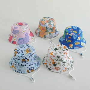 Kids Bucket Hat Cotton Cartoon Print Sun Protection Breathable Outdoor Fisherman Cap Adjustable Chin Strap