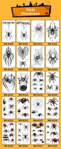 Detail showing various 3D realistic spider and cobweb temporary tattoo designs for Halloween