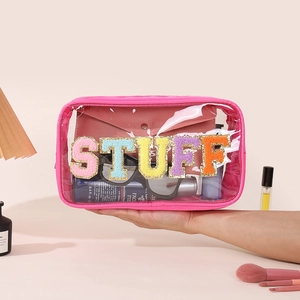 Transparent pink PVC makeup bag with colorful STUFF chenille patches and high capacity