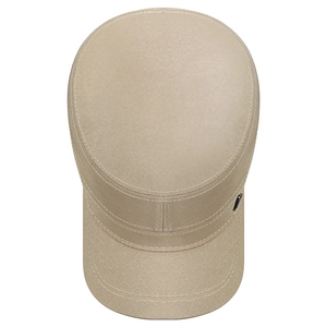 Khaki flat top cadet cap for men with premium metal logo and reinforced stitching detail