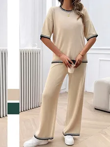 Haut En Tricot À Manches Courtes Et Pantalon Large Pour Femmes Détail Rayures Contrastées Tenue De Vacances