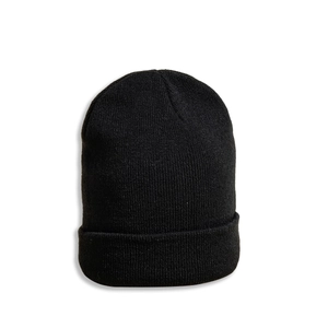 Detail of black winter beanie with thick knit texture and classic folded cuff design