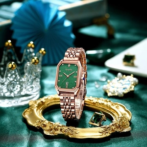 Elegant women's square watch with emerald green dial and rose gold jubilee strap
