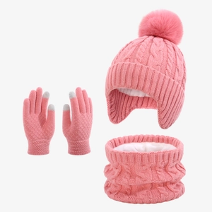 Three-piece pink knit winter set with faux fur pom pom hat, fleece neck warmer and gloves