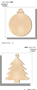 Macro view of laser-cut wooden Christmas tree and bauble-shaped DIY hanging ornaments