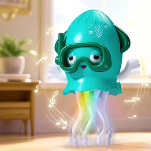 Electric dancing octopus toy with mint green body, diving goggles and glowing LED tentacles