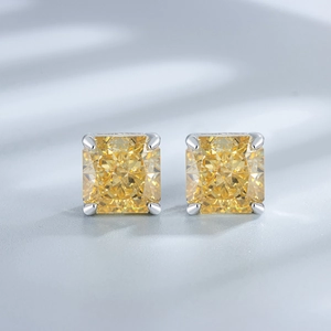 Square princess cut yellow high carbon diamond earrings in 925 silver four-prong setting