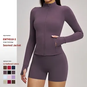 Veste de Yoga Coupe Ajustée pour Femmes Haut de Course Sportif avec Fermeture Éclair Passe-pouces et Poches Tissu Brossé