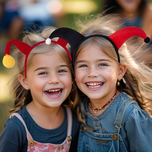 Close-up of colorful clown headbands with vibrant pom-poms for Halloween party costumes