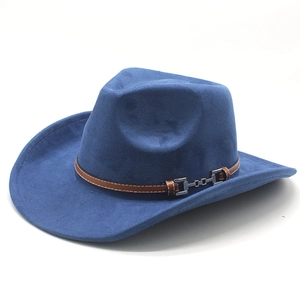 Detailed close-up of dark blue western cowboy hat with brown leather strap and metal buckle