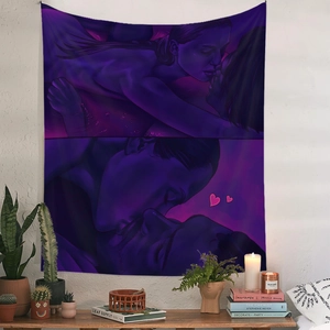 Romantic purple tapestry with kissing couple illustration for modern room wall decor