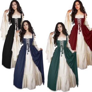 Medieval Renaissance dress set with lace-up bodice and flared sleeves in four colors