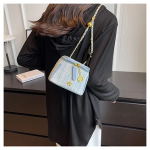 Light blue tweed vanity bag with gold chain strap shown on model in home setting