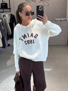 Damen Strickkapuzenpullover Buchstabenprint Lockerer Schnitt Baumwollmischung Lässig Langarm Kapuzenpullover Herbst Winter