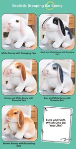 Détails de cinq peluches de lapins à oreilles tombantes en divers coloris réalistes