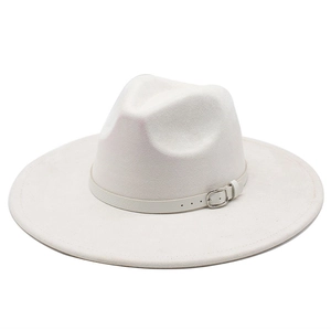 Detail of white wide-brim felt fedora featuring a matching leather band and silver buckle