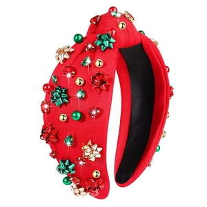 Christmas red knotted headband featuring sparkling rhinestones and festive bow details