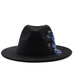 Black fedora wool hat featuring hand-painted blue floral patterns on a flat brim