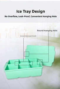 Detail of mint green 6-cell silicone ice cube tray with spill-proof water channel and lid