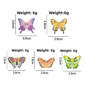 Detailed size and weight specs for various colorful butterfly enamel pins and brooches